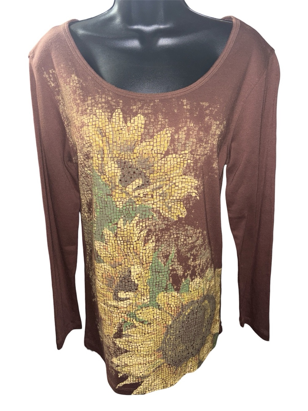 NEEDY ME Long Sleeve Mosaic-style Sunflower & Studded Graphic Top - Picture 2 of 4